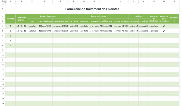 Formulaire de traitement des plaintes